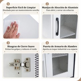 Aparador de Cozinha com Porta de Rede, 70 x 30 x 81 cm, Prateleiras Ajustáveis, Branco