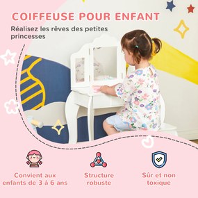 Toucador infantil com banquinho com espelho triplo e gaveta deslizante 63 x 40 x 85,5 cm - Branco acrílico