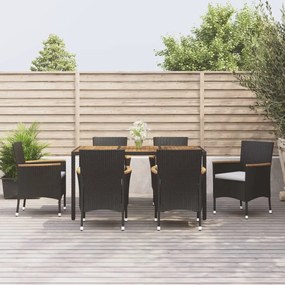 vidaXL 7 pcs conjunto de jantar p/ jardim c/ almofadões vime PE preto