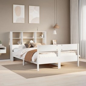 vidaXL Cama com estante sem colchão 120x200 cm pinho maciço branco