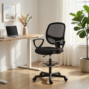 Cadeira de escritório ergonómica, cadeira de escritório com apoio para os pés e braços, altura ajustável, 59 x 58 x 103-123 cm, preta