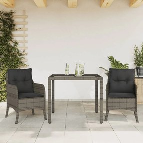 3 pcs conjunto de jantar p/ jardim c/ almofadões vime PE cinza