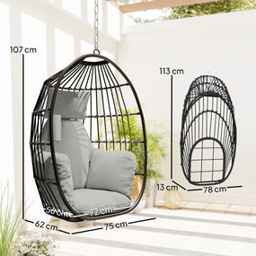 Cadeira suspensa em forma de ovo, cesto dobrável, almofadas estofadas, porta-copos, almofada, cinzento escuro