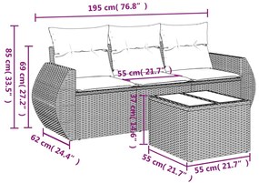 4 pcs conj. sofás jardim c/ almofadões vime PE cinzento-claro