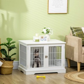 Gaiola para Cães Pequenos de Madeira 76x54,5x56cm Gaiola com Superfície de Mesa de Armazenamento com 2 Portas e Grade de Aço Branco