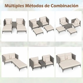 Conjunto jardim de rattan para exterior de 5 peças com mesa auxiliar, 2 sofás, 2 apoios para os pés, almofadas e travesseiros macios, modular, para pá