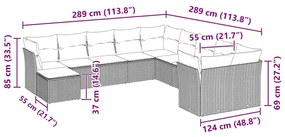 11 pcs conjunto sofás de jardim c/ almofadões vime PE cinzento