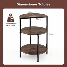 Mesa apoio redonda com 3 estantes 43 x 43 x 63 cm, Estrutura metálica, ideal para o quarto, sala e espaços pequenos, em Castanho rústico