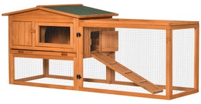 Pawhut Coelheira de Madeira Exterior de 2 Níveis com Teto 2 Áreas Bandeja 2 Portas Janela e Rampa 157,4x53x93,5 cm Madeira Natural | Aosom Portugal