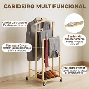 Cabide roupa de Noite em Bambu com Rodas, Cabides para Roupa, Suporte para Calças, Bandeja e Prateleira, Natural