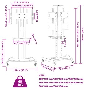 Suporte de TV c/ rodas ecrãs de 32-70" Max VESA 600x400mm 60kg