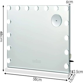 Espelho de maquilhagem com 2 altifalantes 15 luzes LED 3 cores de luz Espelho pequeno com ampliação de 10x Espelho cosmético Bluetooth Branco