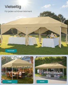 Tenda dobrável de 3 x 6 m para jardim e festas, com 6 paredes laterais, cor bege