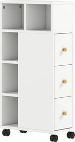 HOMCOM Armário de Banheiro Estreito, Armário com 4 Rodízios, 3 Gavetas, 5 Nichos Abertos, 20x40x80cm, Branco | Aosom Portugal