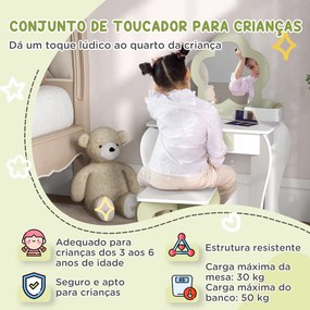 Toucador Crianças com Espelho e Banco Toucador de Maquilhagem para Crianças de 3-6 Anos 55x34x87,5 cm Branco e Verde Pastel