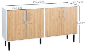 HOMCOM Aparador de Cozinha com 4 Portas Prateleiras Ajustáveis e Pés Metalicos Móvel Auxiliar Moderno para Sala de Estar Sala de Jantar 147,2x40,5x76,2cm Natural e Branco