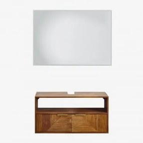 Conjunto De Móvel De Casa De Banho Suspenso Em Madeira De Manga Baty Madeira De Manga & Sem Lavatório & Led Retangular E Anti-embaciamento - Sklum