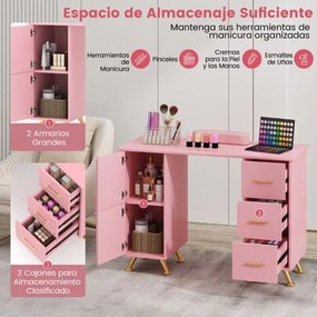 Mesa de manicure com gavetas Apoio para os pulsos Pernas metálicas para salão de beleza 108 x 45 x 76 cm Rosa