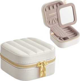 Estojo de viagem para joias SONGMICS HOME ANAH Collection JBC179W01, organizador pequeno com espelho, 4,1 x 4,1 x 2,4 polegadas, superfície de PU costurada, portátil, zíperes, ideia para presente