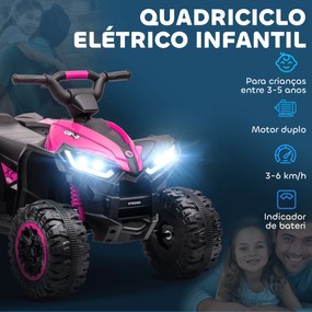 Moto 4 Elétrica para Crianças de 3-5 Anos Veículo Eléctrico a Bateria 12V com 2 Motores 83x53x55,5 cm Rosa