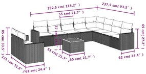 11 pcs conjunto sofás de jardim c/ almofadões vime PE preto