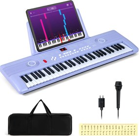 Teclado de piano portátil de 61 teclas com suporte para partituras, microfone, autocolantes de notas e bolsa - 58 x 18 x 5 cm - Roxo