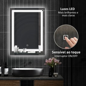 Espelho para Casa de Banho 50x70 cm com Moldura de Alumínio, Luzes LED Interruptor Tátil e Prateleira de Vidro para Casa de Banho Prata