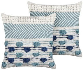 Conjunto de 2 almofadas decorativas em algodão branco e azul com borlas 45 x 45 cm DATURA Beliani