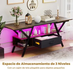 Móvel de TV de 140 cm Armário de televisão de 55-65 polegadas de 3 níveis com luzes LED coloridas ajustáveis Castanho e Preto
