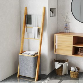 Estante para Casa de Banho de Bambu com 3 Barras e Cesto para Roupa Suja Removível de 48 L 43x35x133 cm Cinzento