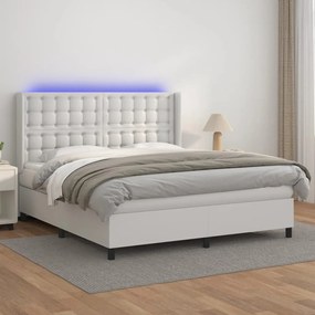 Cama box spring c/colchão/LED 180x200cm couro artificial branco