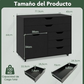 Armário de armazenamento para escritório 77,5 x 40 x 64 cm com 5 gavetas com porta 5 rodas com rodas suporte para impressora Preto