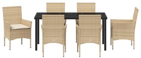 Conjunto de Jantar de Jardim de 7 Peças com Almofadas Bege em Rattan S