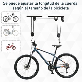 HOMCOM Suporte de bicicletas de teto Roldanas Cordas Altura Ajustável25,1x 8,7x 1,5 cm carga 20kg