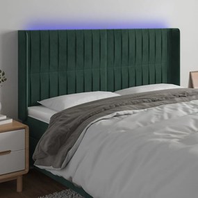 vidaXL Cabeceira de cama c/ LED veludo 183x16x118/128 cm verde-escuro