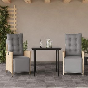 3 pcs conj. jantar jardim c/ almofadões vime PE bege misturado