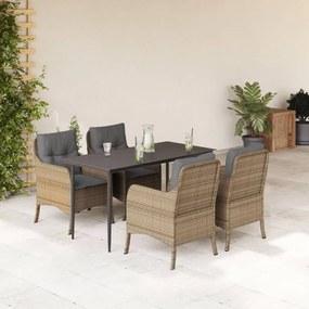 5 pcs conjunto de jantar p/ jardim com almofadões vime PE bege