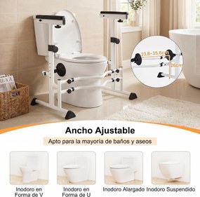 Apoio para se levantar da sanita com braços de apoio, altura ajustável de 64 a 74 cm, Estrutura metálica, braçadeiras e barra de segurança para idosos
