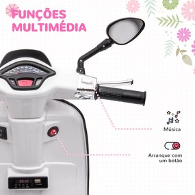 Mota Elétrica para Crianças de 3-6 Anos com Licença Vespa com USB MP3 Luz LED Rádio FM Velocidade 3 km/h Carga 35 kg Branco