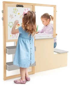 Conjunto de mesa e banco para crianças com cavalete ajustável de dupla face Quadro de giz magnético e rolos de papel substituíveis Cinzento
