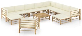 12 pcs conj. lounge jardim em bambu c/ almofadões branco nata