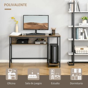 HOMCOM Secretária Estilo Industrial com Prateleiras Estrutura de Metal e Madeira para Estúdio Casa Escritório 120x60x75cm Marrom Rústico