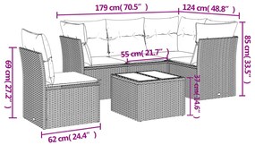 6 pcs conjunto de sofás jardim c/ almofadões vime PE castanho