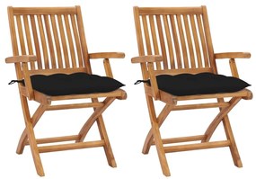 vidaXL Cadeiras de jardim c/ almofadões preto 2 pcs teca maciça