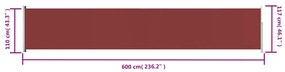 Toldo lateral retrátil para pátio 117x600 cm vermelho