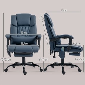 Cadeira de escritório com função de massagem, apoio para os pés, altura ajustável, encosto reclinável, comando com fio, 66 x 75 x 122 cm, azul