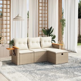 4 pcs conjunto de sofás para jardim c/ almofadões vime PE bege
