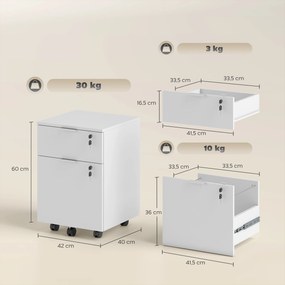 Bloco gavetas escritório  42 x 40 x 60 cm móvel de arrumação com 2 gavetas e 2 barras para pastas suspensas, com fechadura e 2 chaves, branco