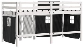 Cama alta criança c/ cortina 90x190cm pinho maciço branco/preto