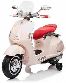 Vespa 946 para crinaças com marcha-atrás, licença, rodas auxiliares, bateria de lítio, 2 motores de 30 W, assento em couro, leitor de MP3 com entrada